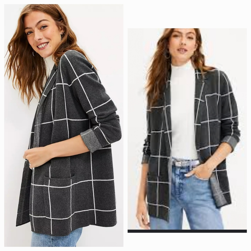 LOFT Relaxed Fit Windowpane Sweater Blazer Charcoal Grey White Medium M EUC